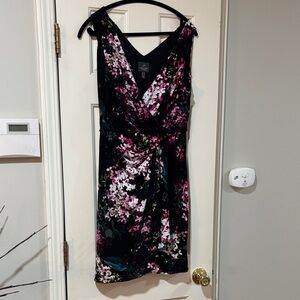 Adrianna Papell Black Floral Midi Dress with Pink Accents